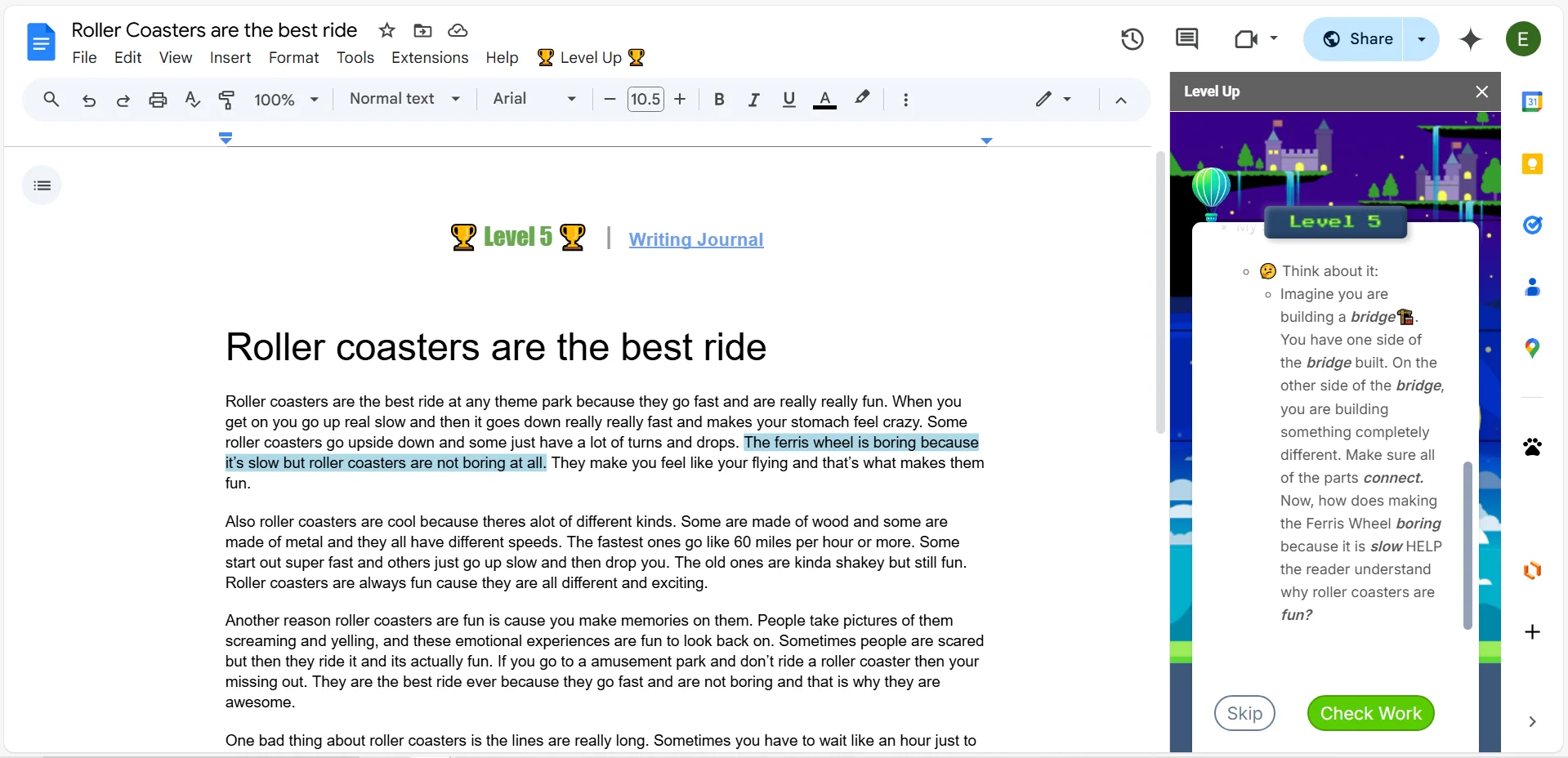 Level Up coaching sidebar showing a Socratic question prompting the student to think deeper about their argument