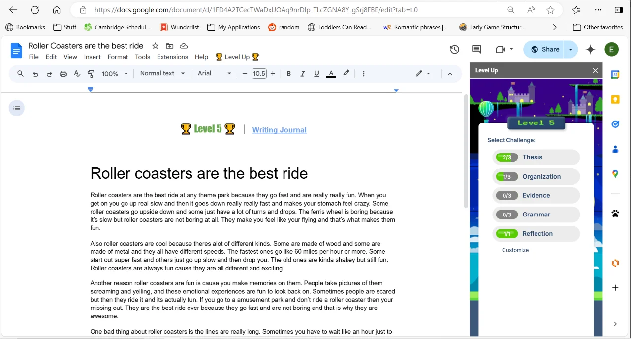 Level Up open in Google Docs showing a full student essay with coaching sidebar