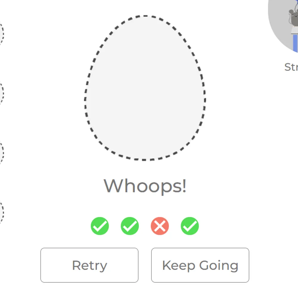 Try-again feature prototype showing retry option after incorrect answers