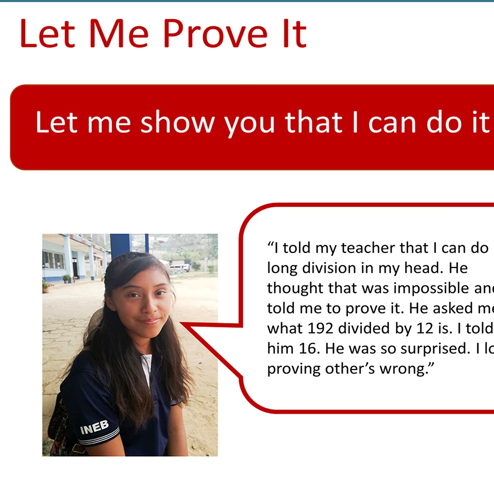 Slide showing 'Let Me Prove It' framing with a student quote about proving her teacher wrong by doing long division in her head