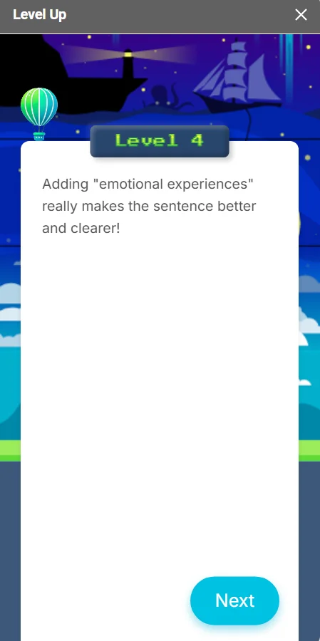 Level Up positive feedback screen with encouraging emoji-rich message after a student revision