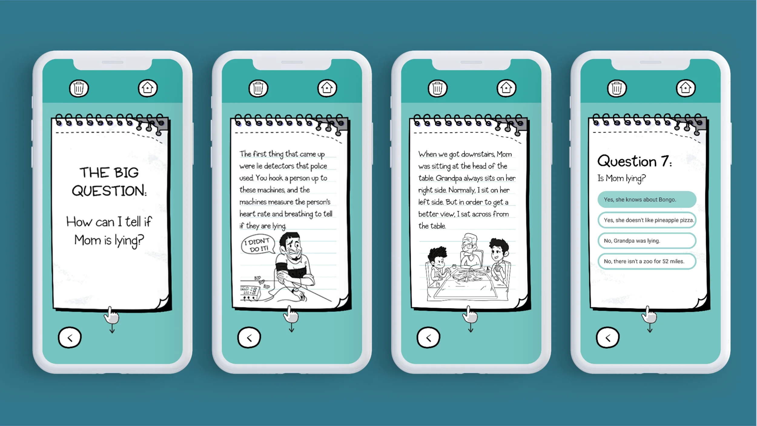 Four Wonder.io app screens showing the reading experience